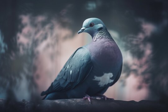  a pigeon sitting on a tree branch in the dark night.  generative ai