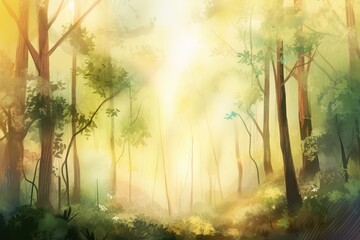 Fototapeta na wymiar a painting of a forest with trees and sunlight coming through the trees. generative ai