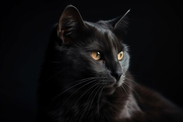  a close up of a cat with yellow eyes on a black background.  generative ai