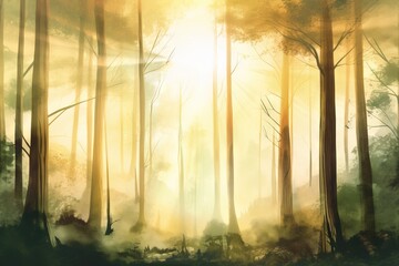  a painting of a forest filled with trees and fog at sunset.  generative ai