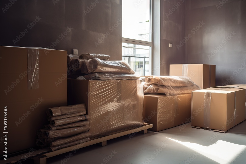 Poster a room filled with boxes and boxes on pallets next to a window. generative ai
