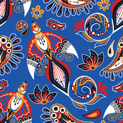 Naklejka premium Folkloric Seamless Pattern with Folkloric Bird, Nature Inspired Design Element. Firebirds, Flowers and Indian Cucumbers. Endless Texture for Fabric, Wallpaper etc. Vector Illustration