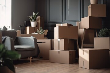  a living room filled with lots of boxes and a chair.  generative ai