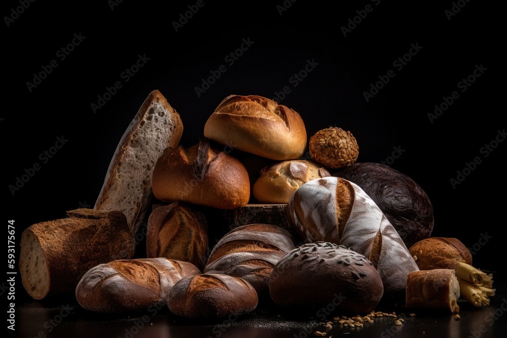 Poster a pile of different types of bread on a black background. generative ai