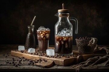 Obraz na płótnie Canvas On an antique, rustic wooden table, ice coffee is served with cream poured over it, ice cubes, and beans. A cold summer beverage in tubes with a copy space and a black background. Generative AI