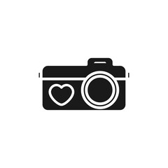 Top choice of Wedding Camera or Photo camera black fill icon. Camera icon with a heart symbol on body. Photography vector illustration in trendy style for mobile, app, and many purposes.