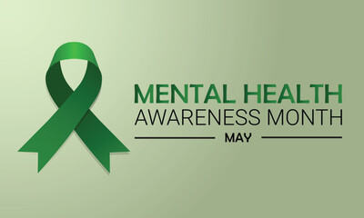 Mental Health Awareness Month design with green ribbon on green isolated background. It is celebrated in May. Vector illustration