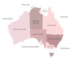 Australia map, political map and border ocean, pink color 