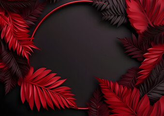 Fototapeta na wymiar Black background with black and red tropical leaves frame