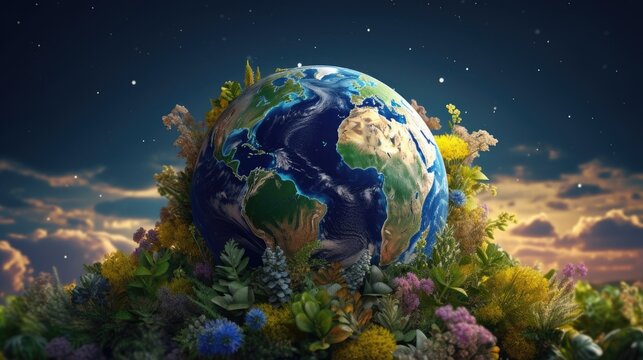 Planet Earth is covered with beautiful flowers with clouds and stars, Earth day or World Environment Day concept, Generative AI
