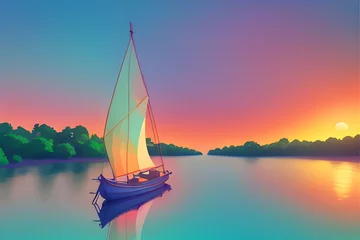 Fotobehang Sunset Sail: A Charming 3D Fantasy Boat Adventure, Generative AI © theoracle007