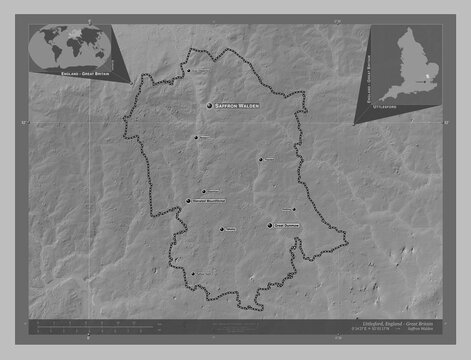Uttlesford, England - Great Britain. Grayscale. Labelled points of cities