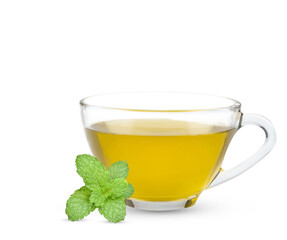 Cup with hot aromatic mint tea isolate on transparent.