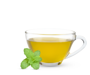 Cup with hot aromatic mint tea isolate on transparent.