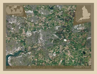 Warrington, England - Great Britain. High-res satellite. Labelled points of cities