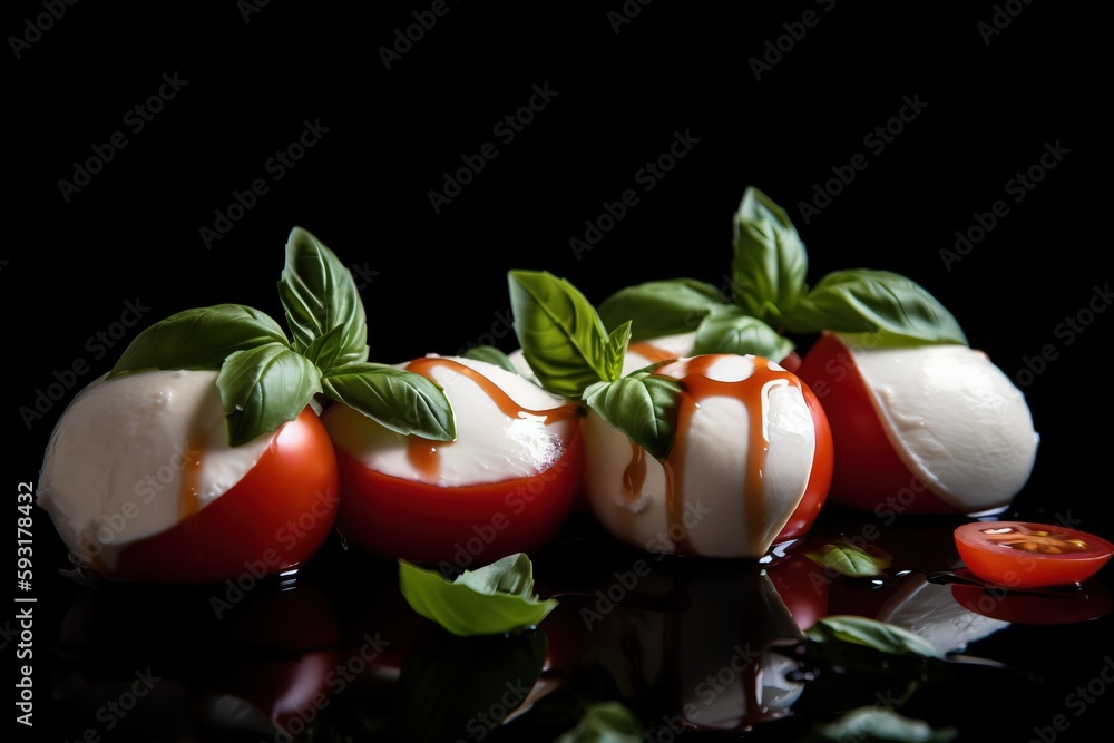 Poster tomatoes and mozzarella with basil on a black surface. generative ai