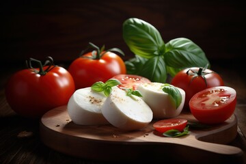  tomatoes, mozzarella and basil on a cutting board.  generative ai