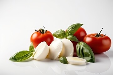  tomatoes, mozzarella and basil on a white background.  generative ai