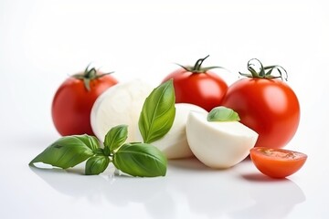 a group of tomatoes, cheese, and basil on a white background.  generative ai