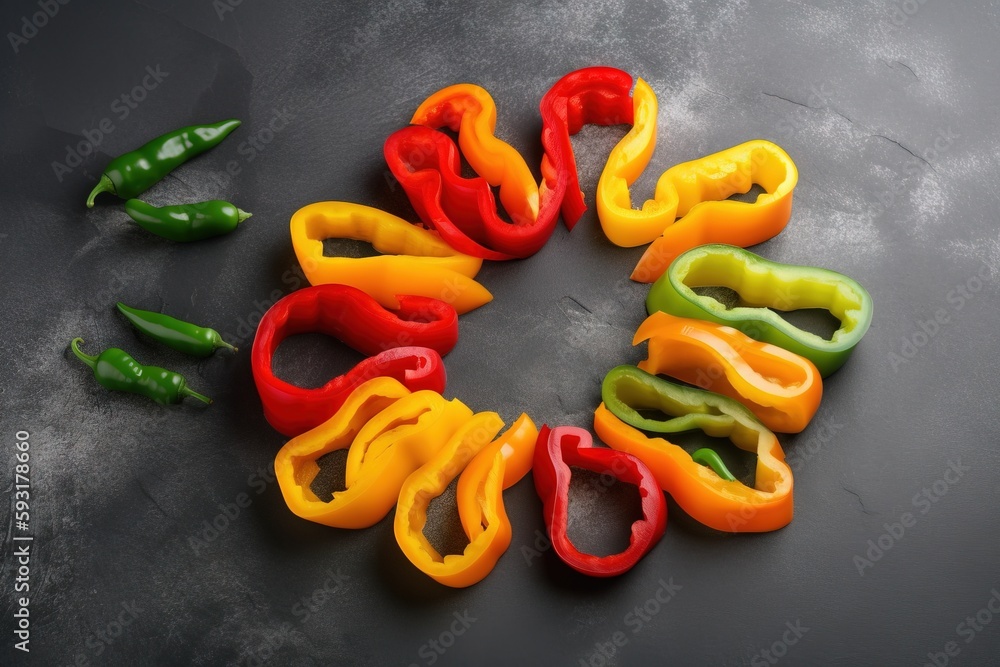Poster a group of peppers sitting on top of a table next to each other. generative ai