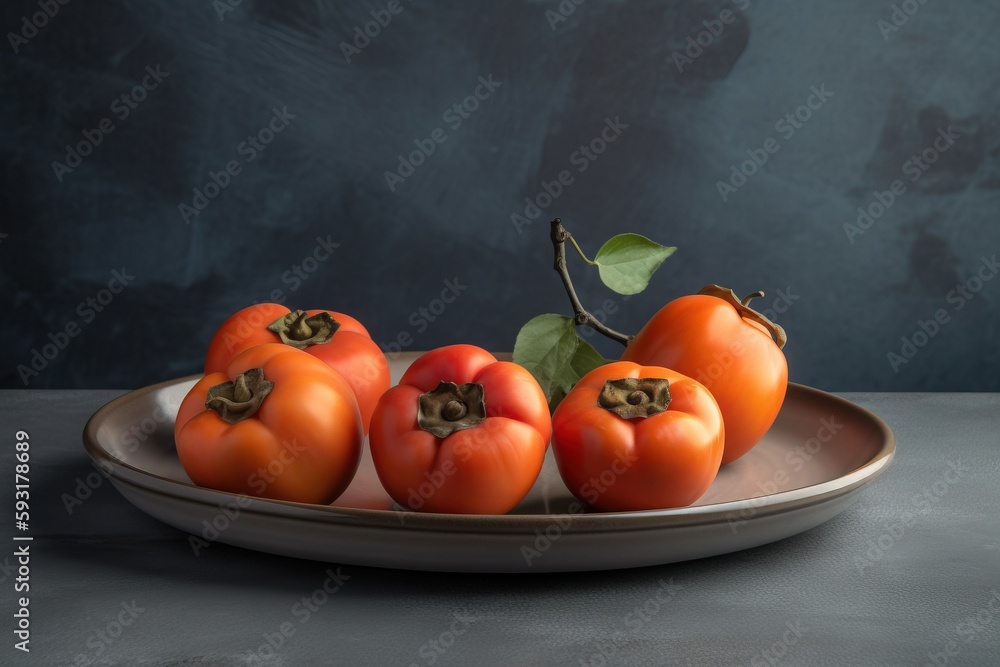 Poster a plate of tomatoes on a table with a dark background. generative ai