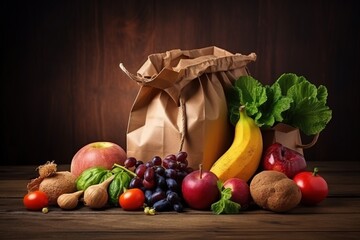  a bunch of fruits and vegetables sitting in a bag on a table.  generative ai