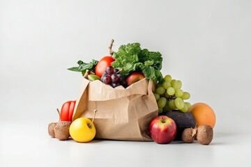  a bag full of fruit and vegetables sitting on a table.  generative ai