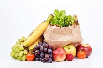  a bunch of fruits and vegetables sitting in a paper bag.  generative ai