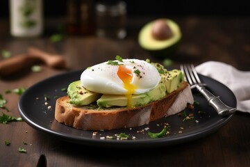  a plate of food with an egg and avocado on it.  generative ai