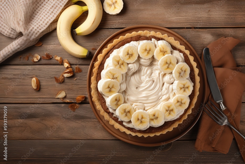 Poster a pie with bananas and nuts on a wooden table with a fork. generative ai