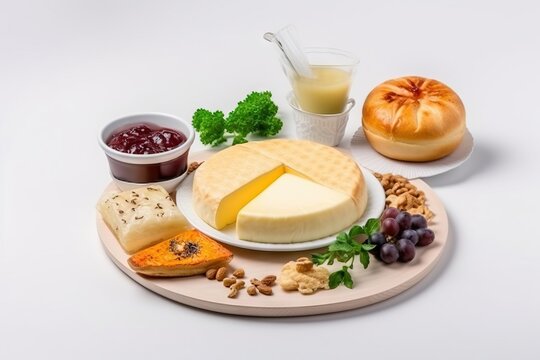  a plate of cheese, crackers, grapes, nuts, bread and jam.  generative ai