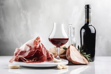  a plate of meat and a glass of wine on a table.  generative ai