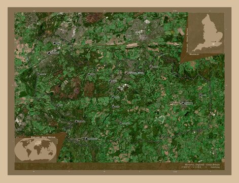 Waverley, England - Great Britain. Low-res satellite. Labelled points of cities