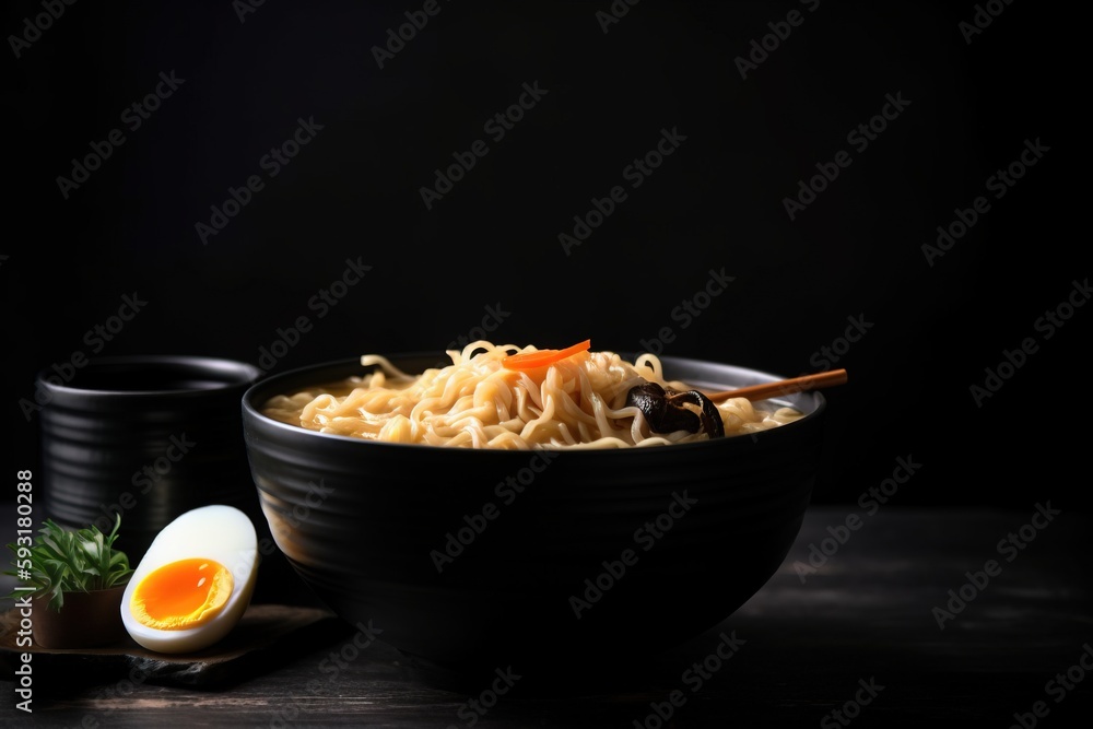 Poster a bowl of noodles with an egg on the side on a table. generative ai