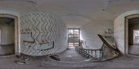 full hdri 360 panorama in empty dirty room in abandoned building damaged by explosion in entrance...