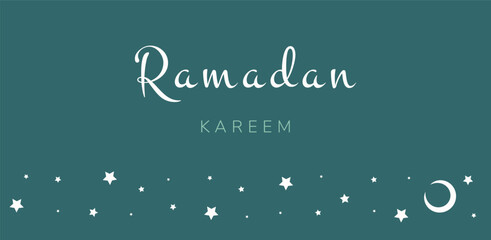 Ramadan Kareem. Islamic greeting card with moon and stars. Vector holiday illustration in green colors for greeting card, poster and banner.