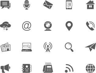 Set of communication and information vector black icons. Contact simple symbols isolated on white