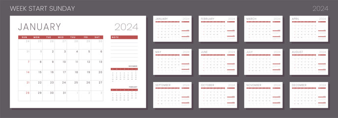 2024 Calendar Planner Template. Vector layout grid of a wall or desk simple calendar with week start sunday. Minimalist corporate calendar design for print