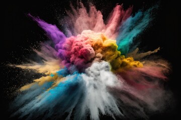 Obraz na płótnie Canvas explosion of colored powder against a dark background. cloud with color. Bright dust explodes. Color Holi. Generative AI