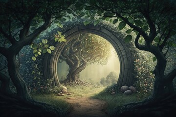 Fantasy apple trees garden with natural arch entry and sunrays, mystical door gates in a magnificent green woodland, environmental eco background with vacant copy space, and enigmatic summer nature ba
