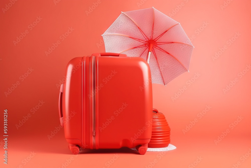 Poster a red suitcase with an umbrella on top of it next to a red object. generative ai