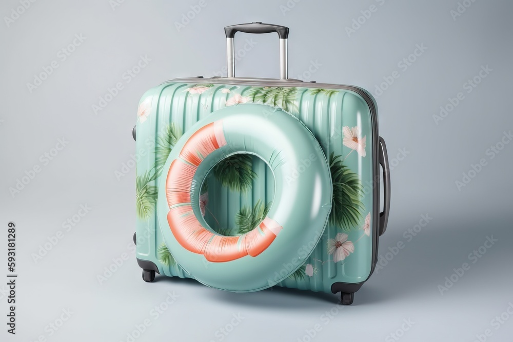 Poster a suitcase with a ring on the handle and palm leaves on it. generative ai