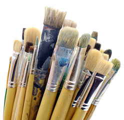 closeup different paintbrushes on white background photo