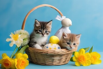 Fototapeta na wymiar A two striped kittens and a baby puppet duck are sitting in a basket with spring flowers, blue background