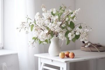 a white vase filled with white flowers and fruit on a table.  generative ai
