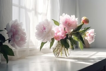 Fototapeta na wymiar a vase of flowers sitting on a table next to a window. generative ai