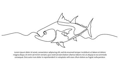 One continuous line of fish. Tuna line drawing. Minimalist style vector illustration on white background.