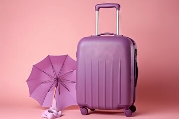  a purple suitcase and an umbrella on a pink background with a pink background.  generative ai