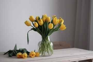  a vase of yellow tulips sitting on a table.  generative ai