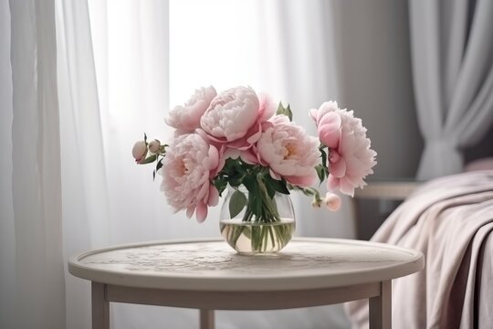  a vase of pink peonies on a small table.  generative ai